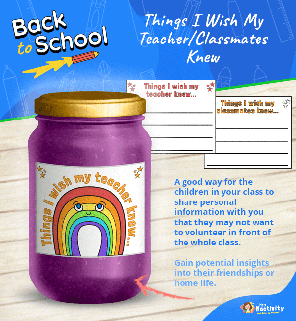 Get to know your new class with our Back to School Things I Wish My Teacher Knew Cards. This activity helps children to share something privately, perhaps they are worrying about maths, or have no-one to play with at playtime. Use alongside a jar/container, to collect the cards in one place.